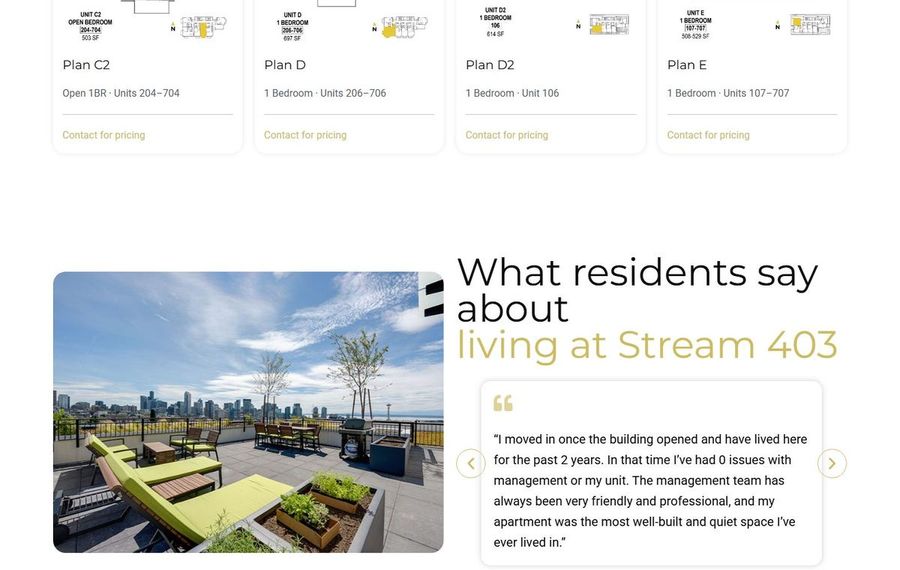 Rooftop terrace with lounge chairs and planters overlooking a city skyline, accompanying a resident testimonial for Stream 403.