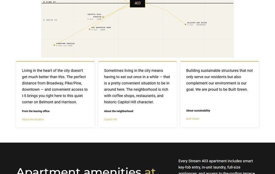 Screenshot of a 403 error page with a map diagram at the top and three white text cards below, describing the neighborhood and sustainability, followed by a dark footer about apartment amenities.