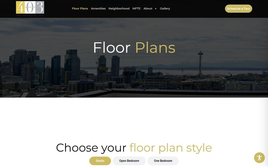 Hero banner with a city skyline and the words 'Floor Plans'; features style options buttons: Studio, Open Bedroom, One Bedroom at the bottom.