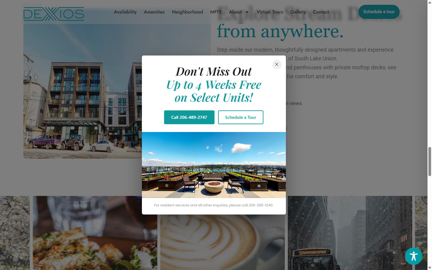 Stream Dexios amenities section with rooftop deck and sustainability features