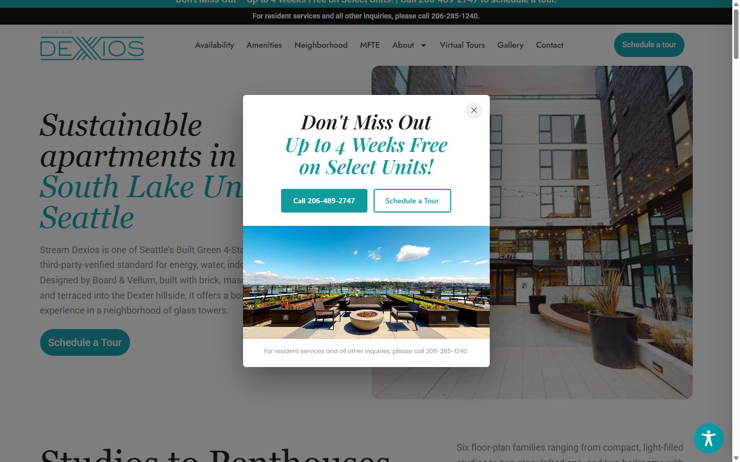 Stream Dexios homepage hero, sustainable apartments in South Lake Union, Seattle