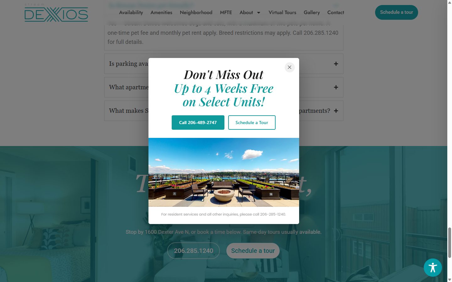 Promotional modal offering up to 4 weeks free on select units, with 'Call' and 'Schedule a Tour' buttons over a teal-tinted apartment interior and balcony view.