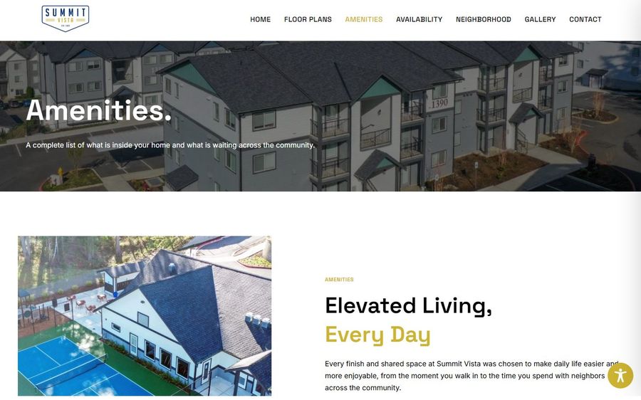Aerial view of Summit Vista apartment buildings with a bold 'Amenities' heading overlay on the hero image.