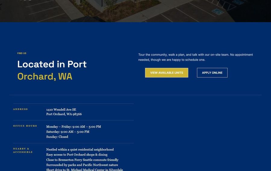 Blue webpage hero: Located in Port Orchard, WA with two buttons: View Available Units and Apply Online (informational section).