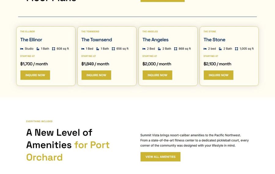 Row of four property cards labeled The Ellinor, The Townsend, The Angeles, and The Stone, each showing bed/bath info, square footage, and an Inquire Now button.