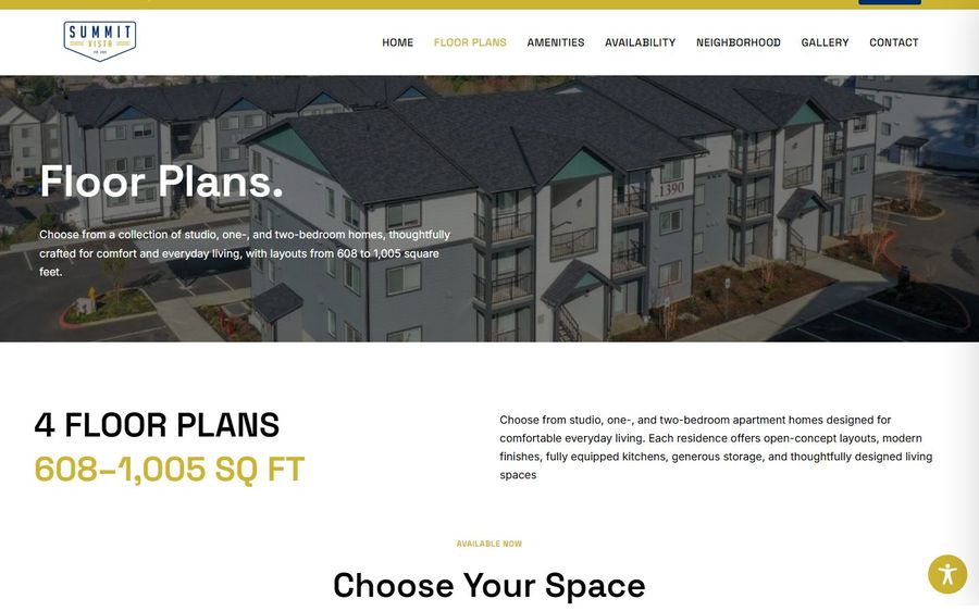Hero banner showing a multi-unit apartment complex with the overlaid 'Floor Plans' heading and descriptive subtitle about studio to two-bedroom layouts.