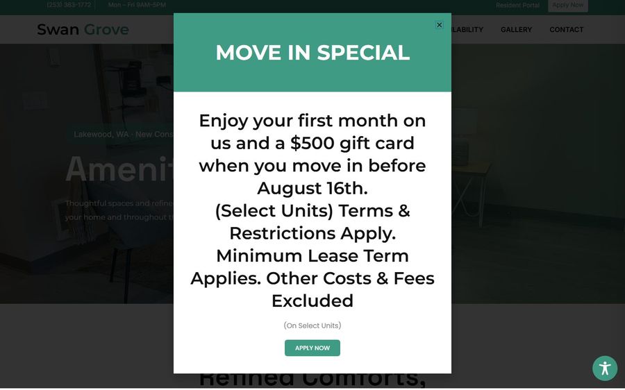 Move-in special popup: first month on us and a 0 gift card if you move in before Aug 16; terms apply; Apply Now.