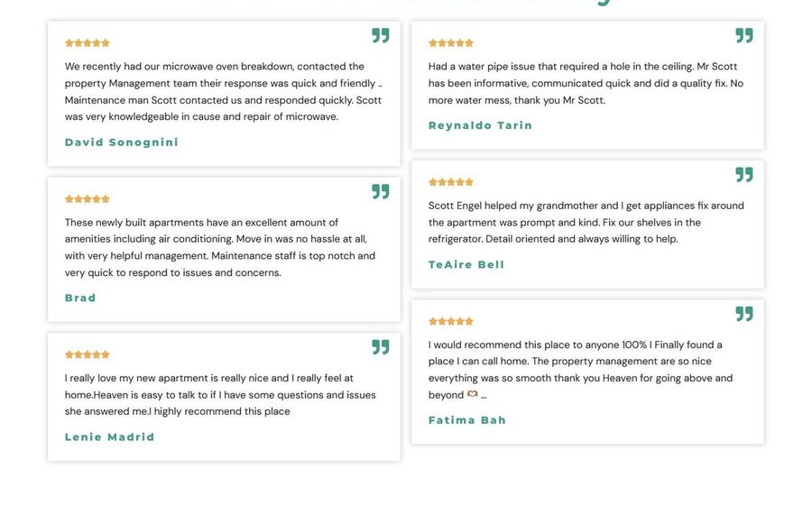 Six customer testimonials in a two-column grid: each card shows gold stars, teal quotation marks, a short quote, and a name.