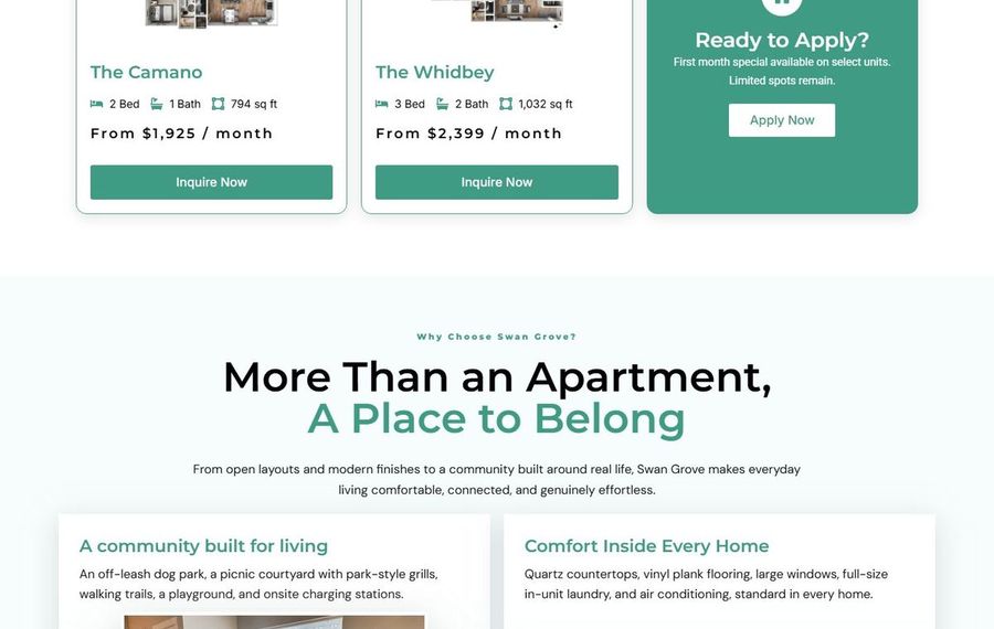 Webpage hero with three apartment cards showing features and prices, plus an 'Apply Now' button; followed by a headline 'More Than an Apartment, A Place to Belong'.