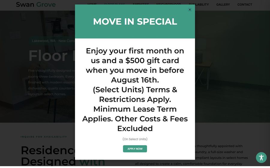 Move In Special modal: text about first month free and a 0 gift card if you move in by August 16, with an Apply Now button.