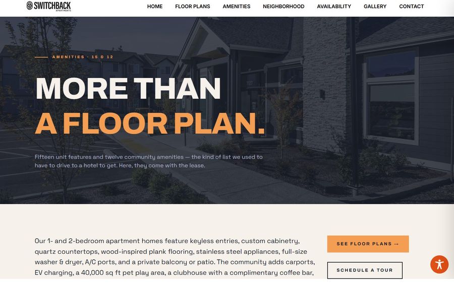 Hero banner for Switchback Apartments: photo of a modern apartment building exterior with bold white text 'MORE THAN' and orange 'A FLOOR PLAN.'; top navigation links visible (Home, Floor Plans, Amenities, Neighborhood, Availability, Gallery, Contact).