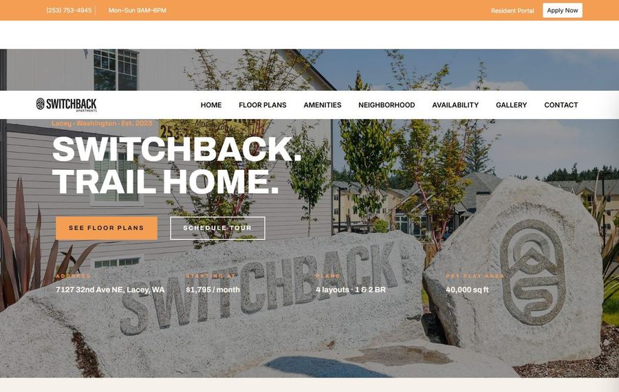 Hero section for Switchback Apartments: bold 'Switchback. Trail Home.' text over a residential community with two call-to-action buttons 'See Floor Plans' and 'Schedule Tour'.