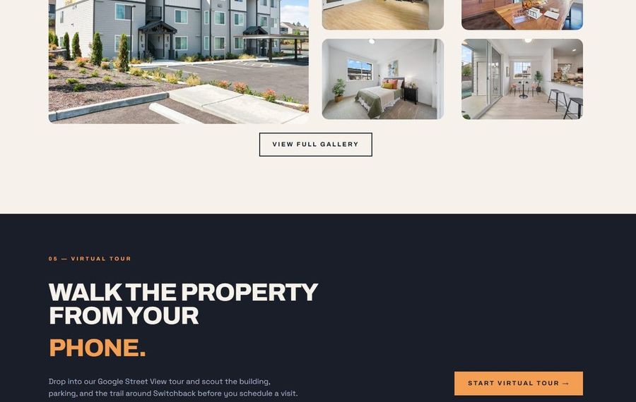 Gallery grid with exterior and interior property photos and a 'View Full Gallery' button beneath it.