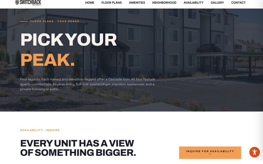 Hero image for Switchback Apartments: bold 'PICK YOUR PEAK' over a row of apartment buildings; orange CTA button 'Inquire for availability'.