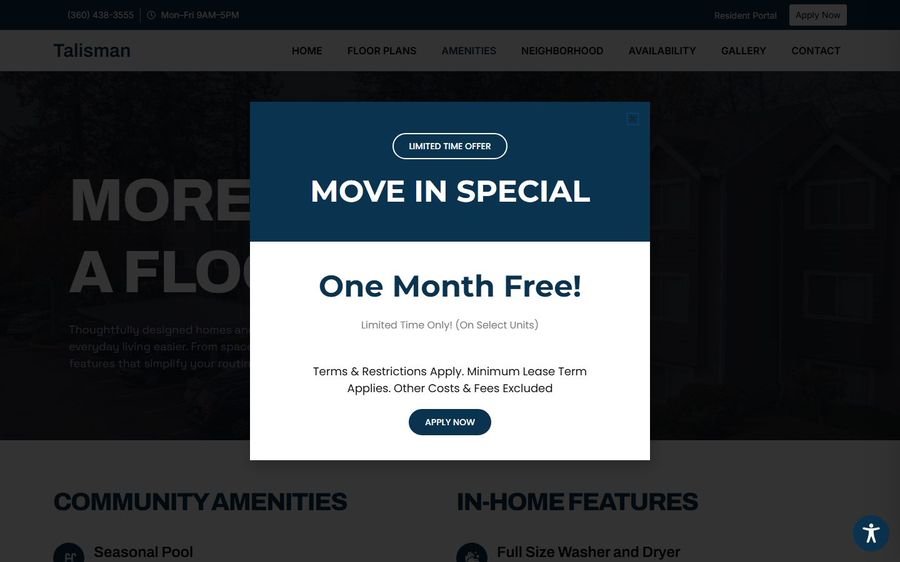 Promotional modal over site: Move-In Special offering one month free on select units with Apply Now button
