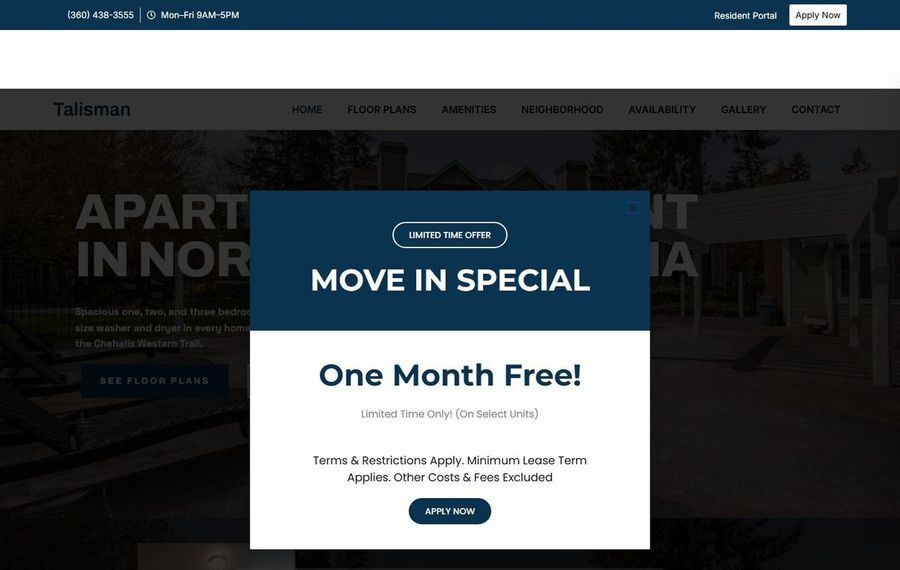 Promotional modal overlay: 'Move In Special' banner offers One Month Free with an Apply Now button, blurred apartment background behind it.