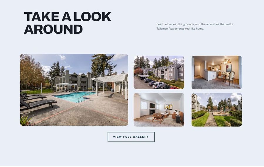 Hero gallery: heading 'Take a Look Around' with a pool courtyard image and six thumbnail photos of apartments and interiors, plus a 'View Full Gallery' button.