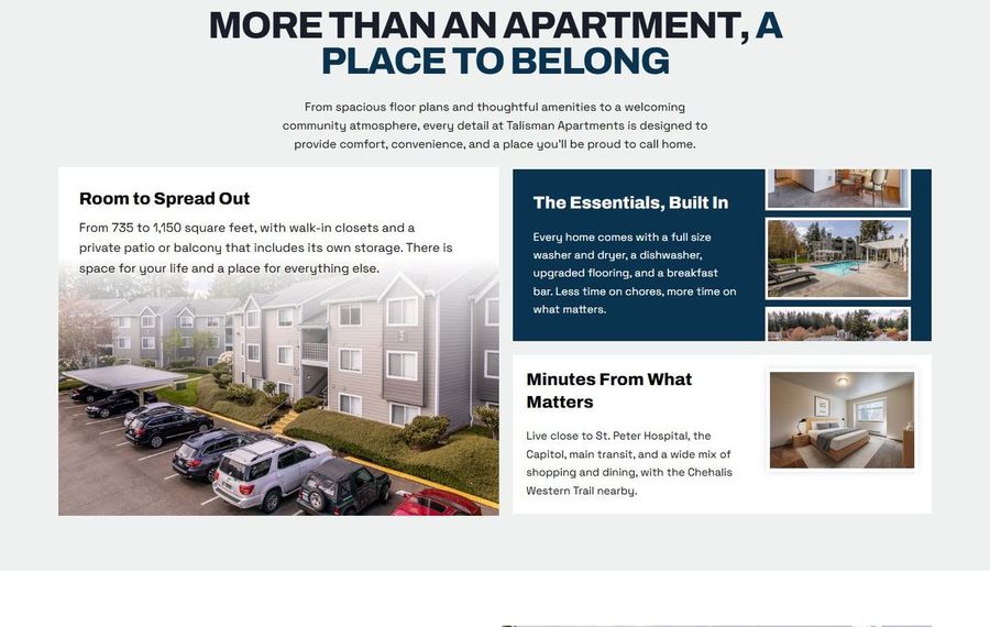 Collage: left shows an apartment building with parked cars; right side has amenity panels and small thumbnails describing essentials and nearby conveniences.