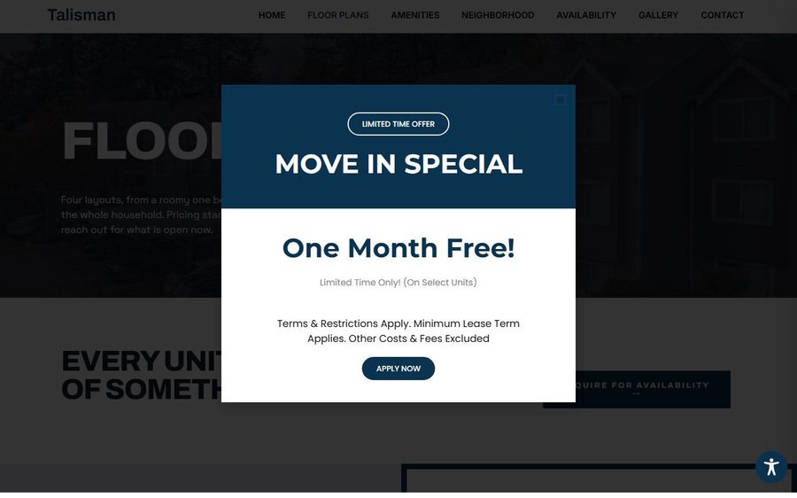 Popup promo: Move-in special offer, One month free with Apply Now button on a darkened apartment site background