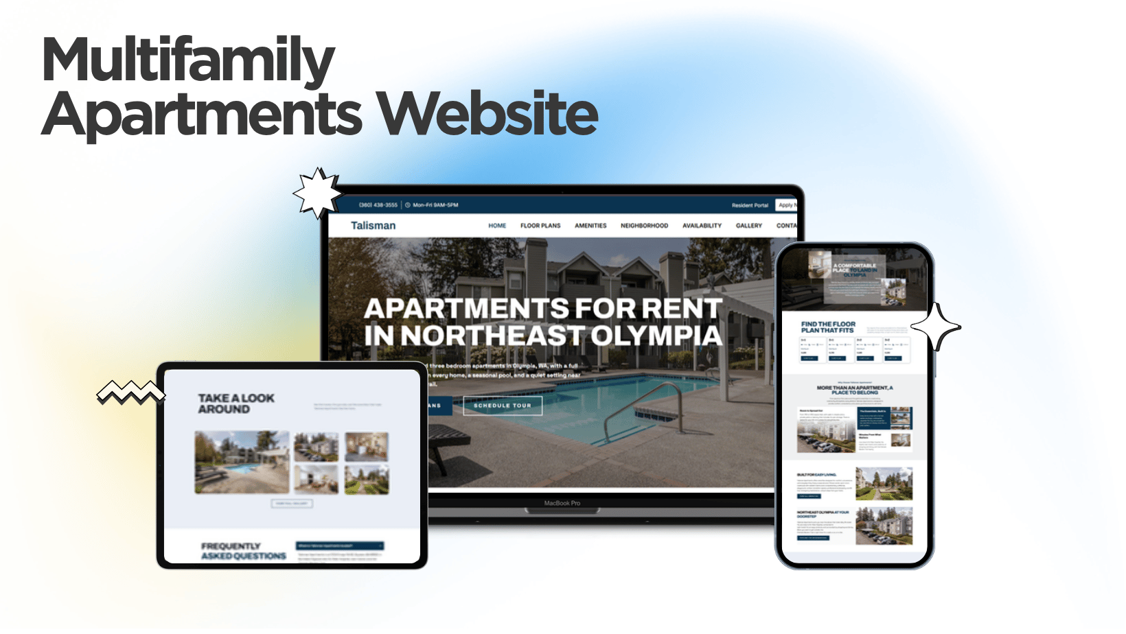 Talisman Apartments website designed and built by Kihan Marketing, shown on desktop, tablet and mobile