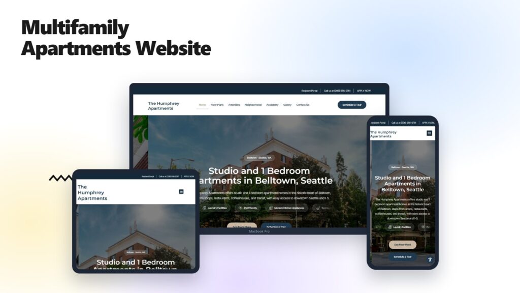 The Humphrey Apartments website shown on a laptop, tablet and phone