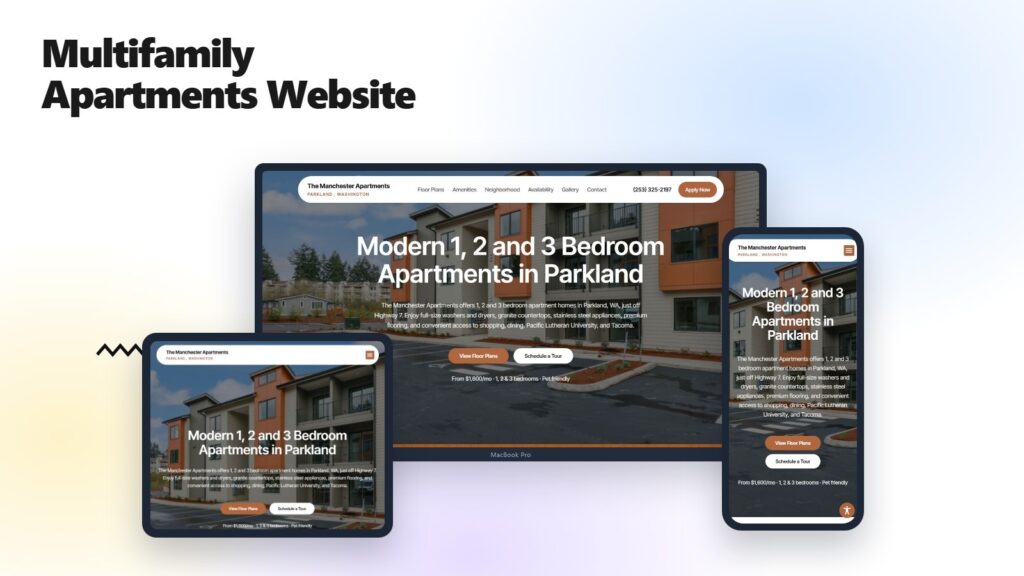 The Manchester Apartments website shown on a laptop, tablet and phone