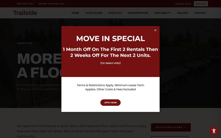 Promo modal over a dark rental-site page: red panel reads 'MOVE IN SPECIAL' with the offer and an 'APPLY NOW' button, blocking the page behind.