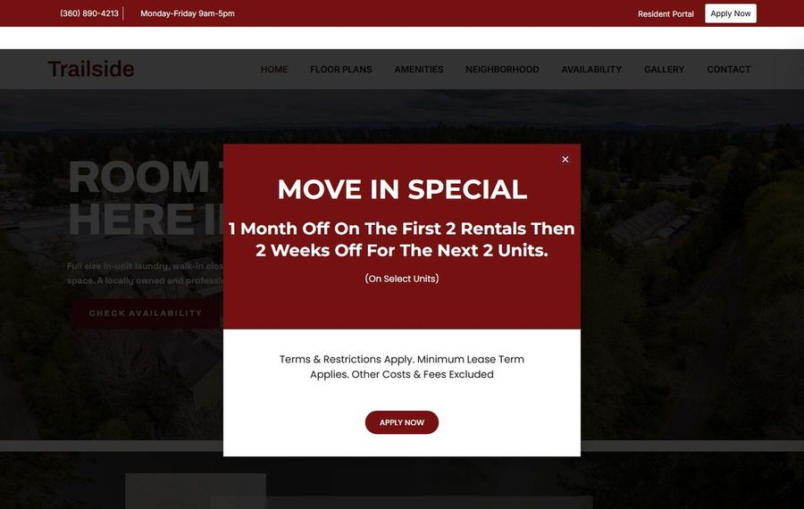 Overlaid red promotional modal on a property website announcing a Move In Special with terms and an Apply Now button over a dark hero background.