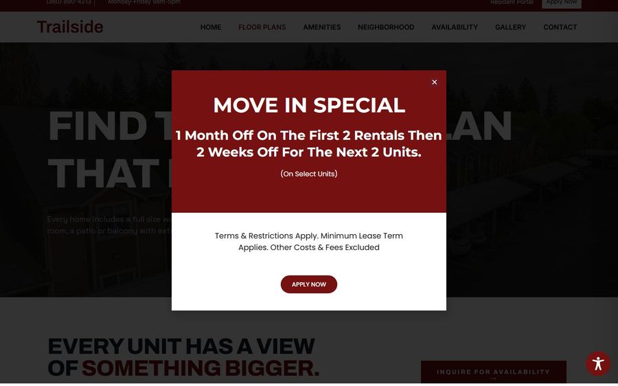 Promotional move-in special modal: 1 month off on the first two rentals, then 2 weeks off for the next two units; includes Apply Now button.