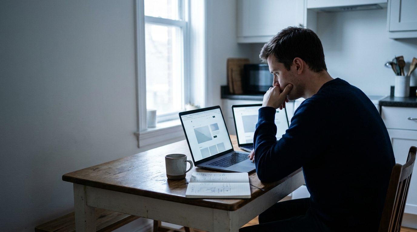 Man sitting at a wooden kitchen table, looking intently at a laptop with his hand on his chin; notebook and mug nearby.