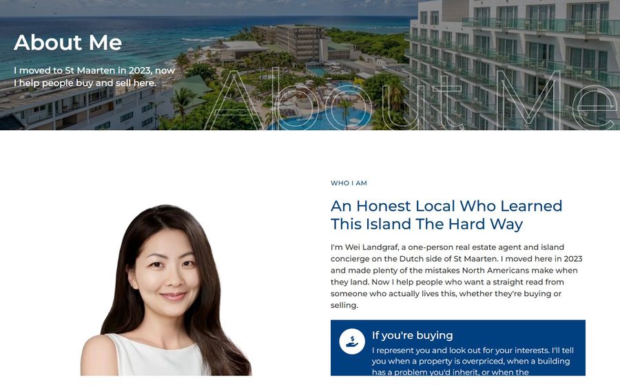 Hero banner for an About Me page showing a coastal resort image with the title 'About Me'; on the left is a smiling portrait of a woman, and on the right a 'Who I am' bio section with text.