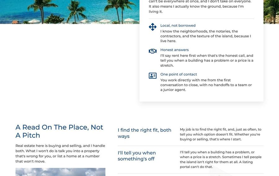 Tropical beach banner with palm trees atop a turquoise sea, followed by a two-column real estate advice layout with blue headings and icons like Local, Honest answers, and One point of contact.