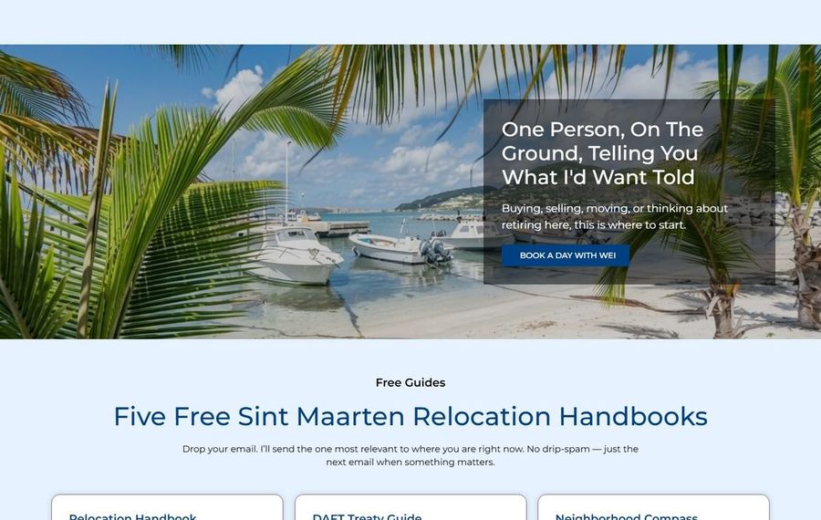 Beach marina with palm fronds and boats; overlay headline and a dark CTA panel reading 'One Person, On The Ground, Telling You What I'd Want Told' and 'BOOK A DAY WITH WEI'