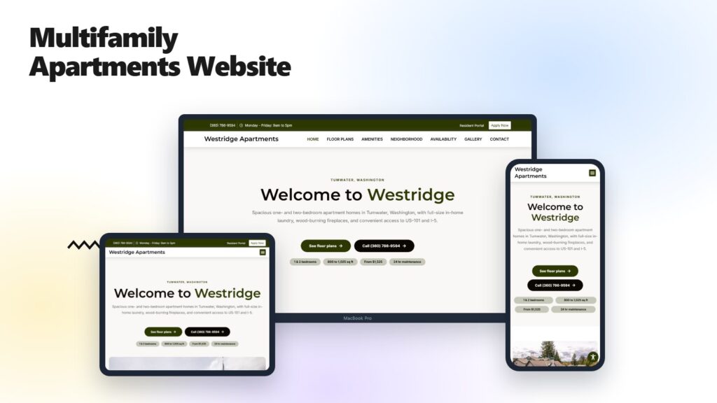 Westridge Apartments website shown on a laptop, tablet and phone