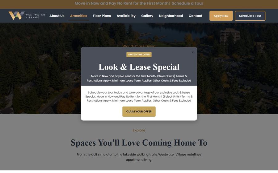 Promotional modal on a property site reading 'Look & Lease Special' with a 'Claim Your Offer' button over the hero image.