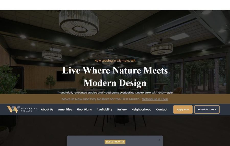 Hero banner for Westwater Village: a modern leasing lounge with chandeliers, featuring the headline 'Live Where Nature Meets Modern Design' and a note about move‑in specials.