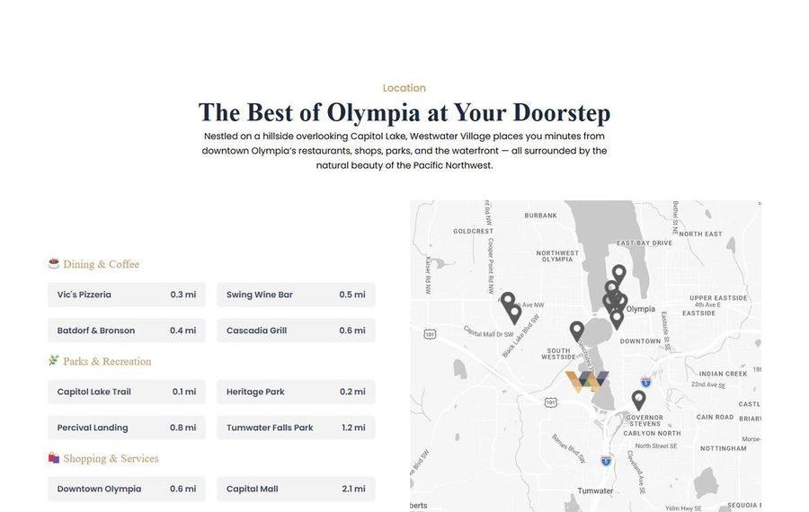 The Best of Olympia at Your Doorstep: map with nearby dining, parks, and shopping spots.