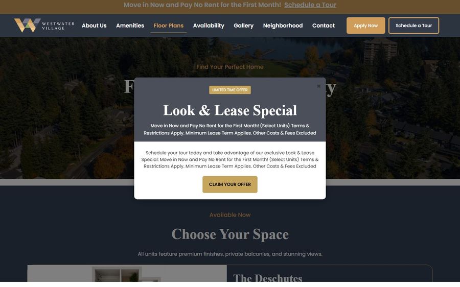 Promotional modal window over a dark site hero advertising a 'Look & Lease Special' with a 'Claim Your Offer' button.
