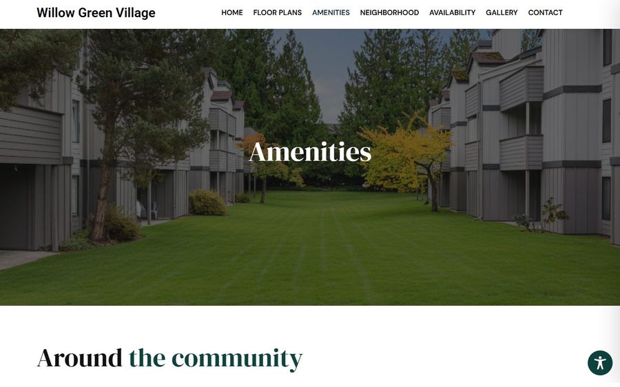 Hero section showing a manicured grassy courtyard between modern apartment buildings under trees, labeled Amenities in the center of the image.