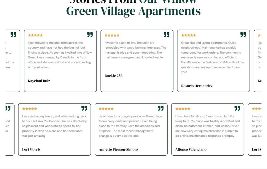 Testimonial cards with resident quotes and star ratings for Willow Green Village Apartments.