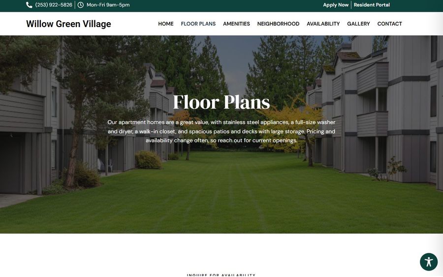 Exterior view of Willow Green Village townhomes facing a green lawn; overlay reads Floor Plans.