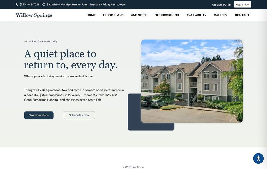 Willow Springs homepage hero: left-aligned text 'A quiet place to return to, every day' with a photo of a sunny townhouse complex on the right and decorative blue shapes.