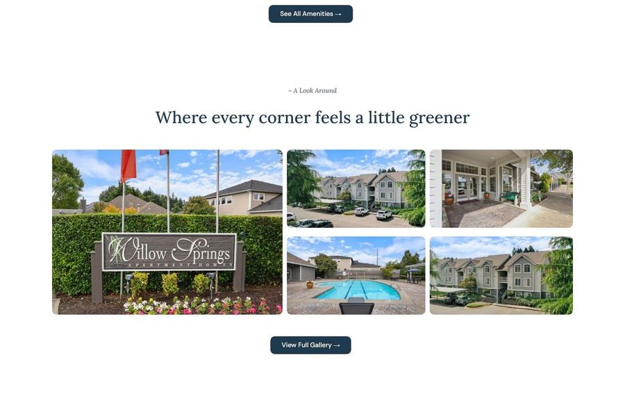 Six-photo gallery of Willow Springs community: exteriors, pool, and amenities.