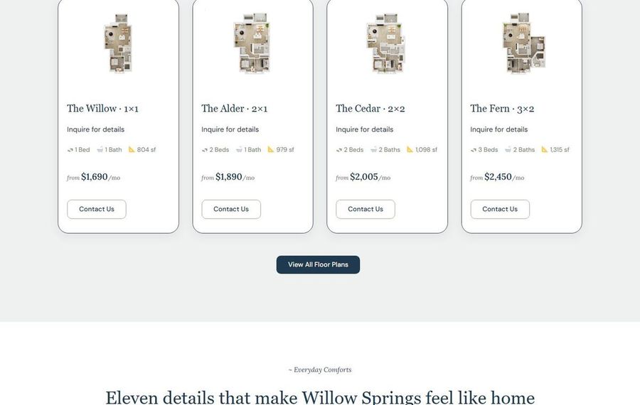 Four floor-plan cards labeled The Willow, The Alder, The Cedar, and The Fern, each with a thumbnail layout, basic details, 'Inquire for details' and a 'Contact Us' button (pricing shown).