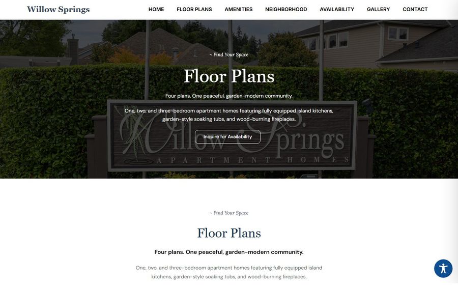 Hero banner for Willow Springs Apartments announcing Floor Plans with a sign and greenery in the background