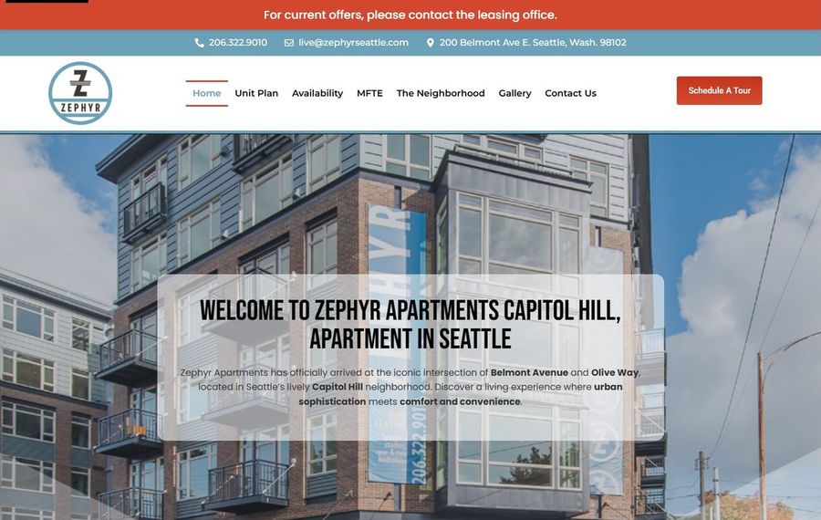 Hero image of Zephyr Apartments in Capitol Hill, Seattle, with a translucent overlay reading 'Welcome to Zephyr Apartments Capitol Hill, Apartment in Seattle'.