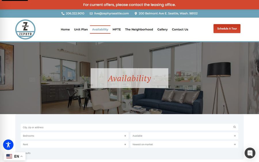 Modern living room scene with a blue sofa and white chairs, overlaid by a translucent 'Availability' label; search filters are visible below.