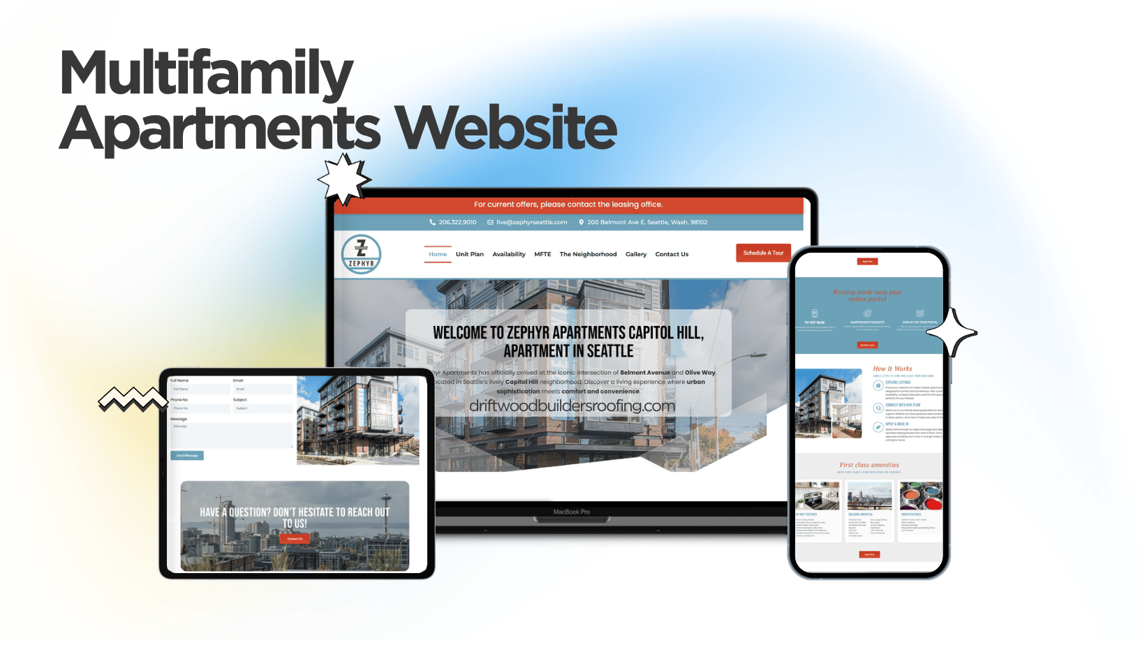 Zephyr Apartments website designed and built by Kihan Marketing, shown on desktop, tablet and mobile