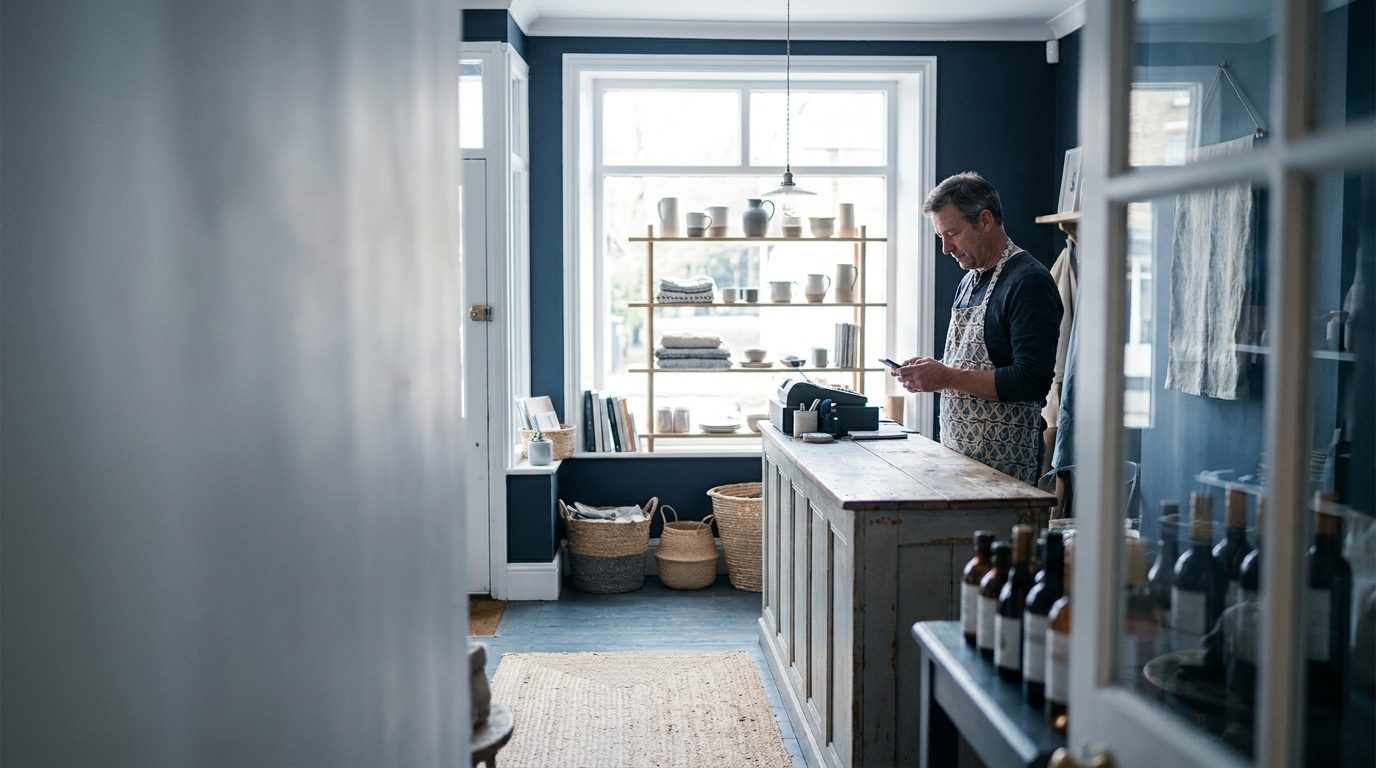 A shop owner behind the counter of a small independent store checking a phone