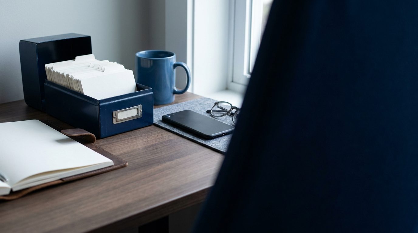 Close crop of a desk with a card index box and a phone face down